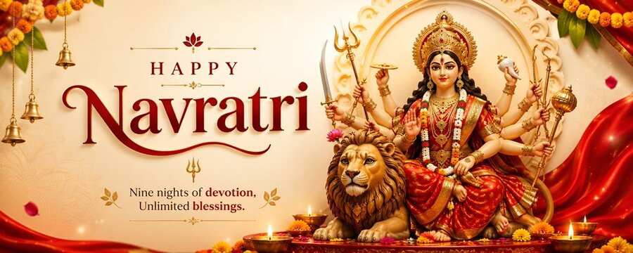 Happy navratri festive banner with goddess durga seated on a lion surrounded by traditional decorations navratri festival greeting religion