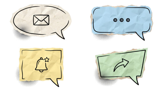 Collection of hand-drawn comic speech bubbles with communication icons including email typing dots notification bell share arrow on textured paper backgrounds as transparent cutout