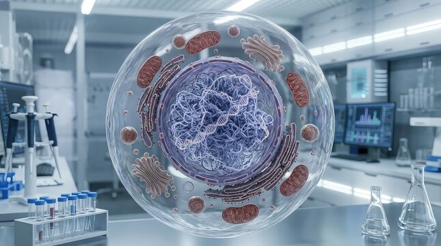 Photorealistic microscopic 3D rendering of a large transparent biological cell with the nucleus prominently exposed, intricate chromatin fibers and DNA structures visible within the nuclear environmen