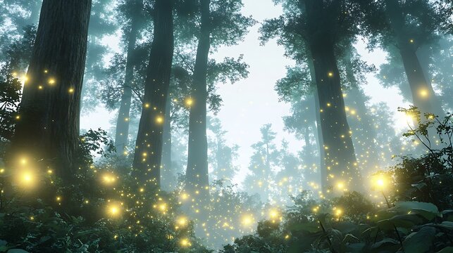 Magical enchanted forest with glowing fireflies at night in a misty woodland landscape.