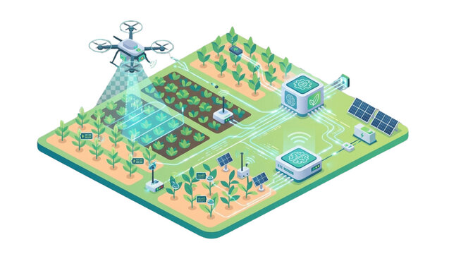 Modern smart agriculture farm using drones and renewable energy technology transparent background