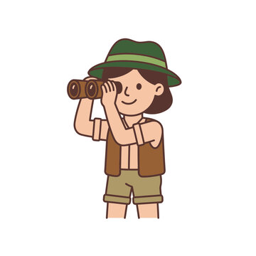 Cartoon boy scout character with professional binoculars.