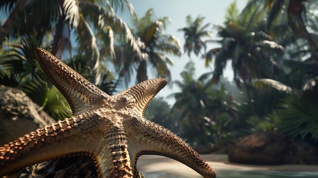 Close-up of starfish on shore, tropical palms in background, sunny day