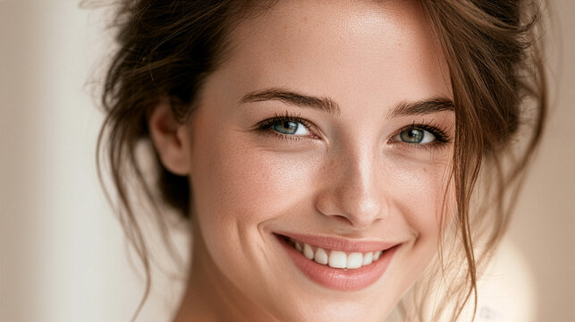 A luxury skincare campaign featuring a naturally beautiful smiling woman with healthy glowing skin looking confidently toward the camera