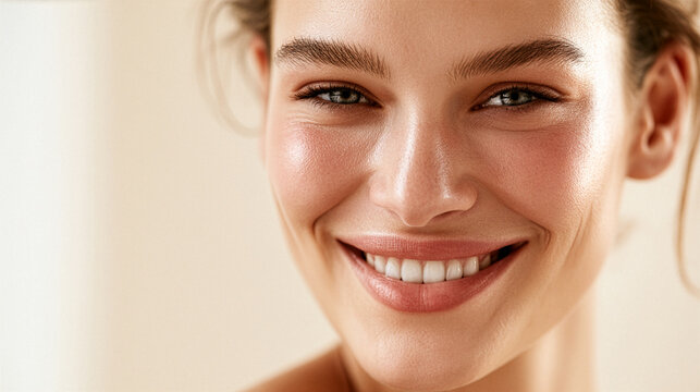 A luxury skincare campaign featuring a naturally beautiful smiling woman with healthy glowing skin looking confidently toward the camera