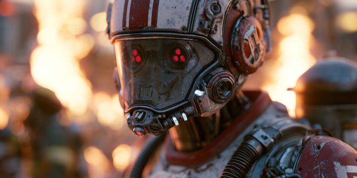 Close up of futuristic pilot helmet with red accents and blurred background
