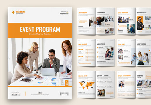 Corporate Event Program Brochure Template with Orange Accent