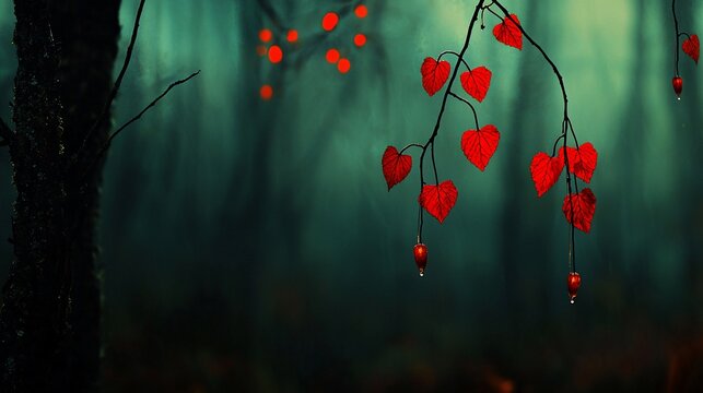 Red heart-shaped leaves on a branch in a misty forest.