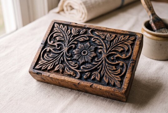 Carved teak wood printing block with worn floral motif and indigo stain