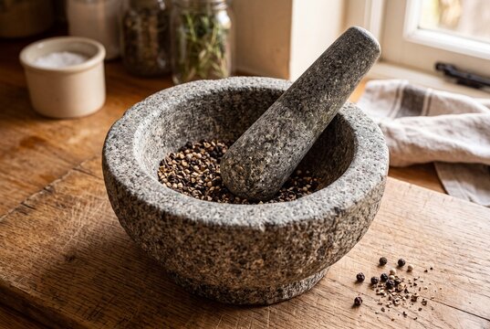 Granite mortar and pestle with crushed peppercorns in the bowl
