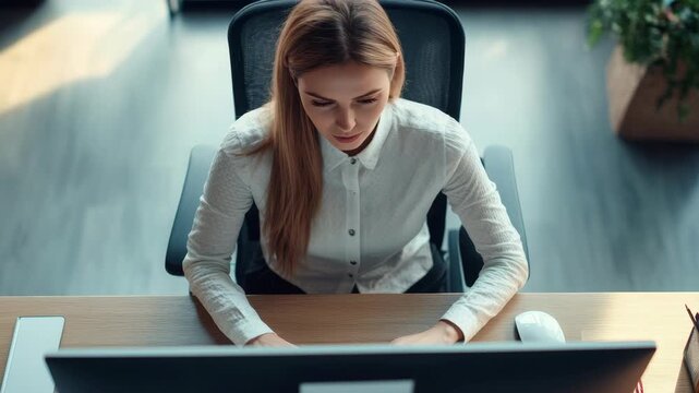Businesswoman sitting at desk with monitor and keyboard