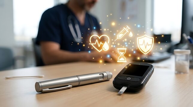 Diabetes management technology with blood glucose monitor and insulin pen. Digital healthcare icons over medical professional in clinic office.