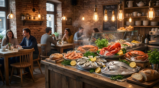 Seafood restaurant interior with raw bar display.