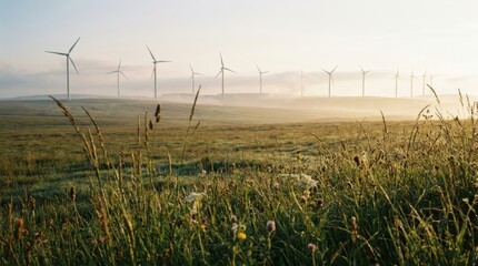 Naklejka premium Misty morning wind farm with turbines rising above dewy meadow flowers
