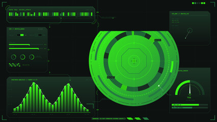 Fototapeta premium Futuristic green radar dashboard interface on dark grid background