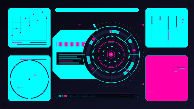 Futuristic neon dashboard interface with charts and radar