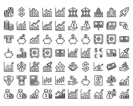 A collection of black-and-white flat icons representing finance, business, money, growth, and banking concepts.