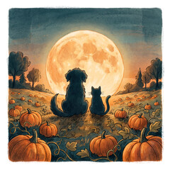 Fototapeta premium Illustration of a black dog and a black cat looking up at the full moon in a pumpkin field