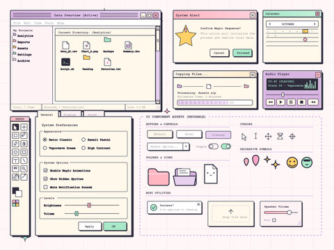 Retro pastel desktop interface with windows and UI elements