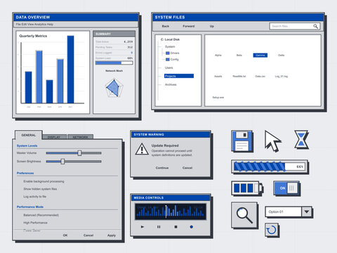 Retro computer interface windows and desktop UI elements
