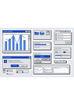 Retro desktop interface panels with charts and control windows