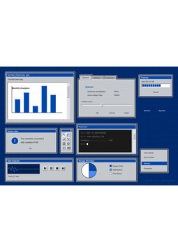 Retro computer interface windows on blue grid background