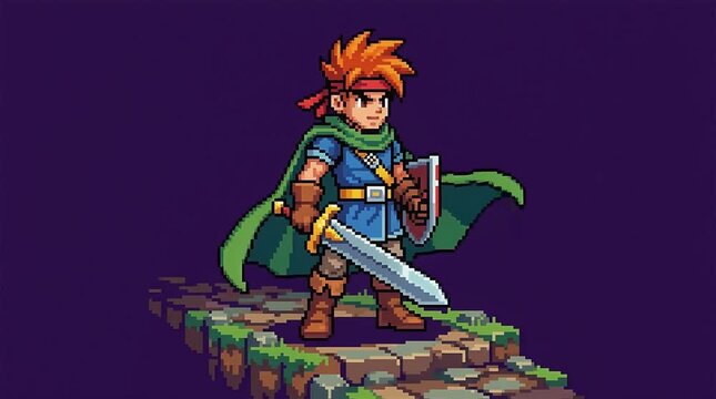 Pixel art retro RPG hero warrior knight holding sword shield idle loop