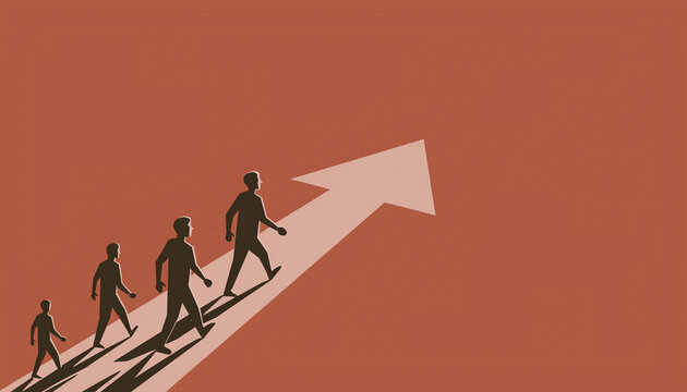 Progress concept, silhouettes of people walking up a large arrow pointing upwards, business growth