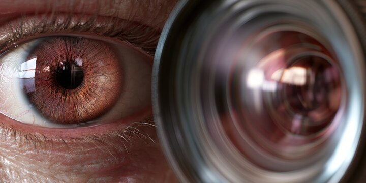 Close up of human eye with iris detail and camera lens reflecting light and focus