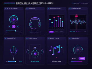 Obraz na płótnie Canvas Neon audio control interface with music and sound panels