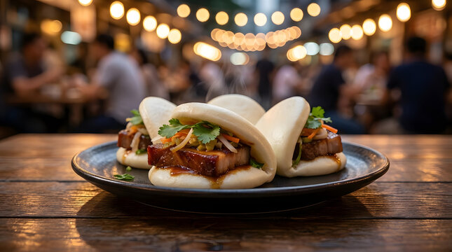 Steaming bao buns at an outdoor night market.