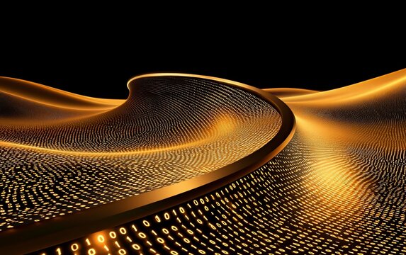 Golden binary code wave flowing on black background.