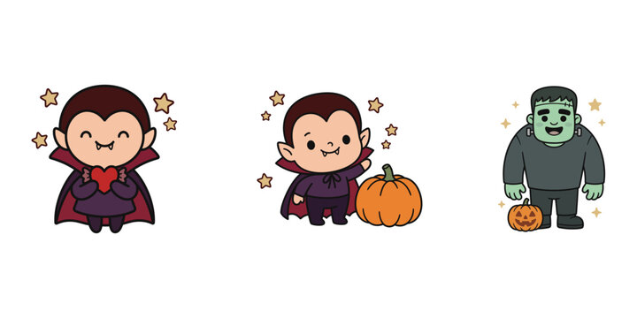 Cute cartoon halloween characters featuring baby vampire, frankenstein monster, and happy pumpkins on transparent background.