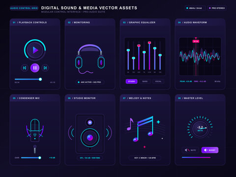 Neon audio control interface with music and sound panels