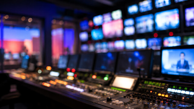 A modern broadcasting control room filled with monitors and equipment used for live television production and media control.