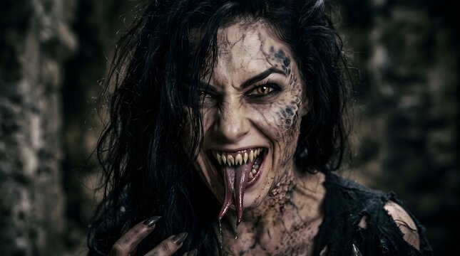 Close up portrait of a terrifying female zombie with dark eyes and blood dripping from her mouth