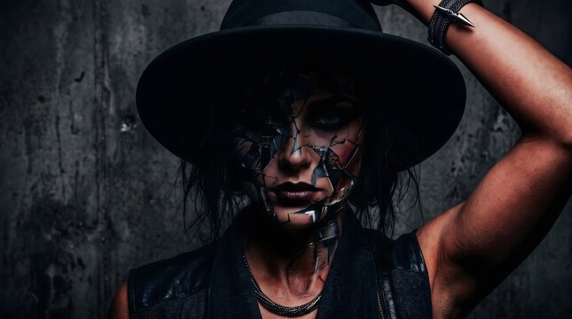 Mysterious woman with dark makeup and a wide brim hat posing against a textured dark background