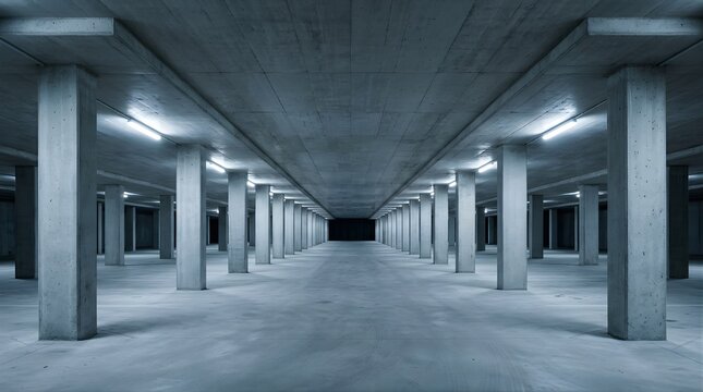 Empty modern concrete underground parking garage with industrial lighting