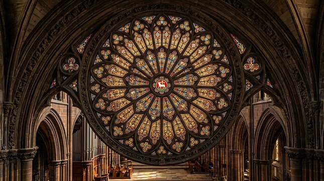 Intricate circular stained glass rose window inside a historic medieval cathedral