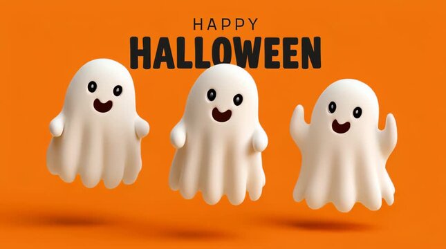 happy halloween text with cute ghosts illustrated animation