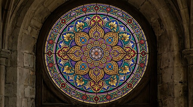Intricate circular stained glass window with colorful geometric patterns inside an old stone cathedral wall