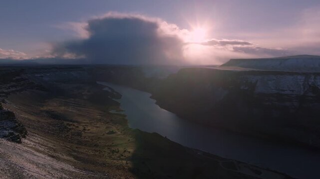 Aerial view of the Snake River canyon in the Morley Nelson Snake River Birds of Prey National Conservation Area at sunset, Murphy, Idaho, United States.