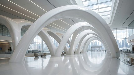 Fototapeta premium Modern bright airport terminal interior with white curved arches and panoramic city skyline view through large glass windows