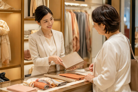 Sales assistant presents a wallet to a customer at a boutique counter. The interaction is friendly and professional in a warm retail setting.