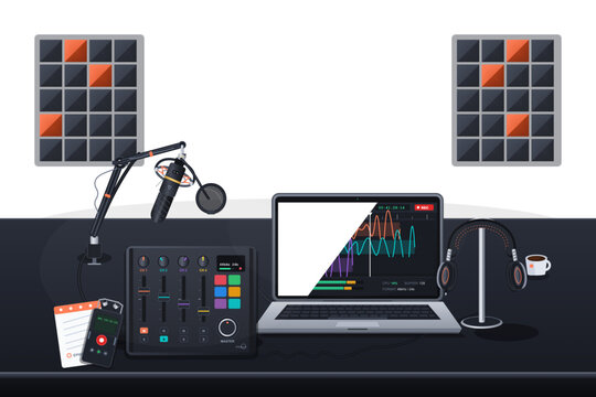 Vector illustration of a podcast recording studio with audio equipment