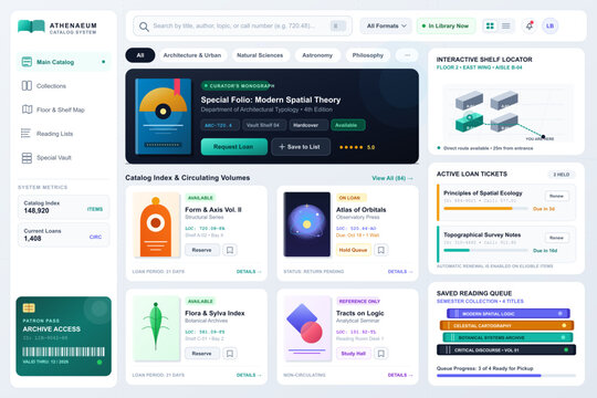 Digital library catalog dashboard interface vector illustration