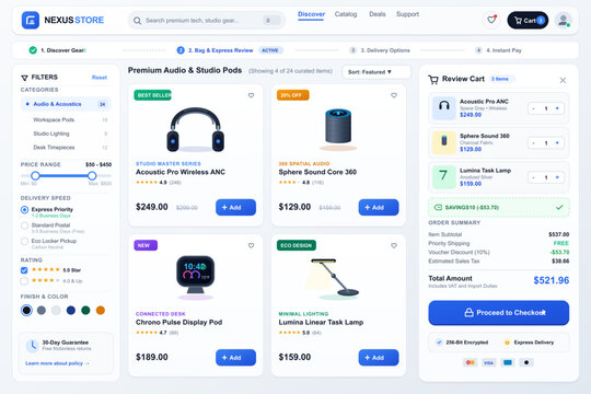 Ecommerce Checkout Interface Featuring Audio and Studio Desk Products