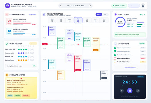 Academic weekly study planner dashboard interface template