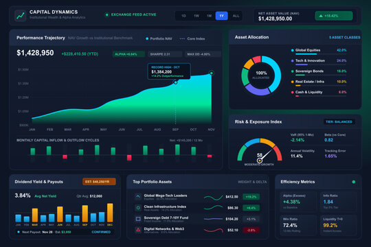 Dark Financial Dashboard with Investment Portfolio Analytics