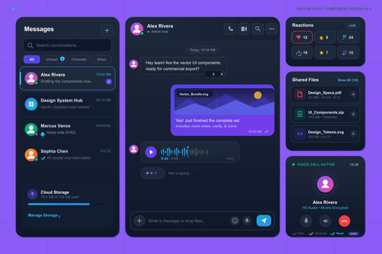Dark vector messaging dashboard with chat, reactions, and files